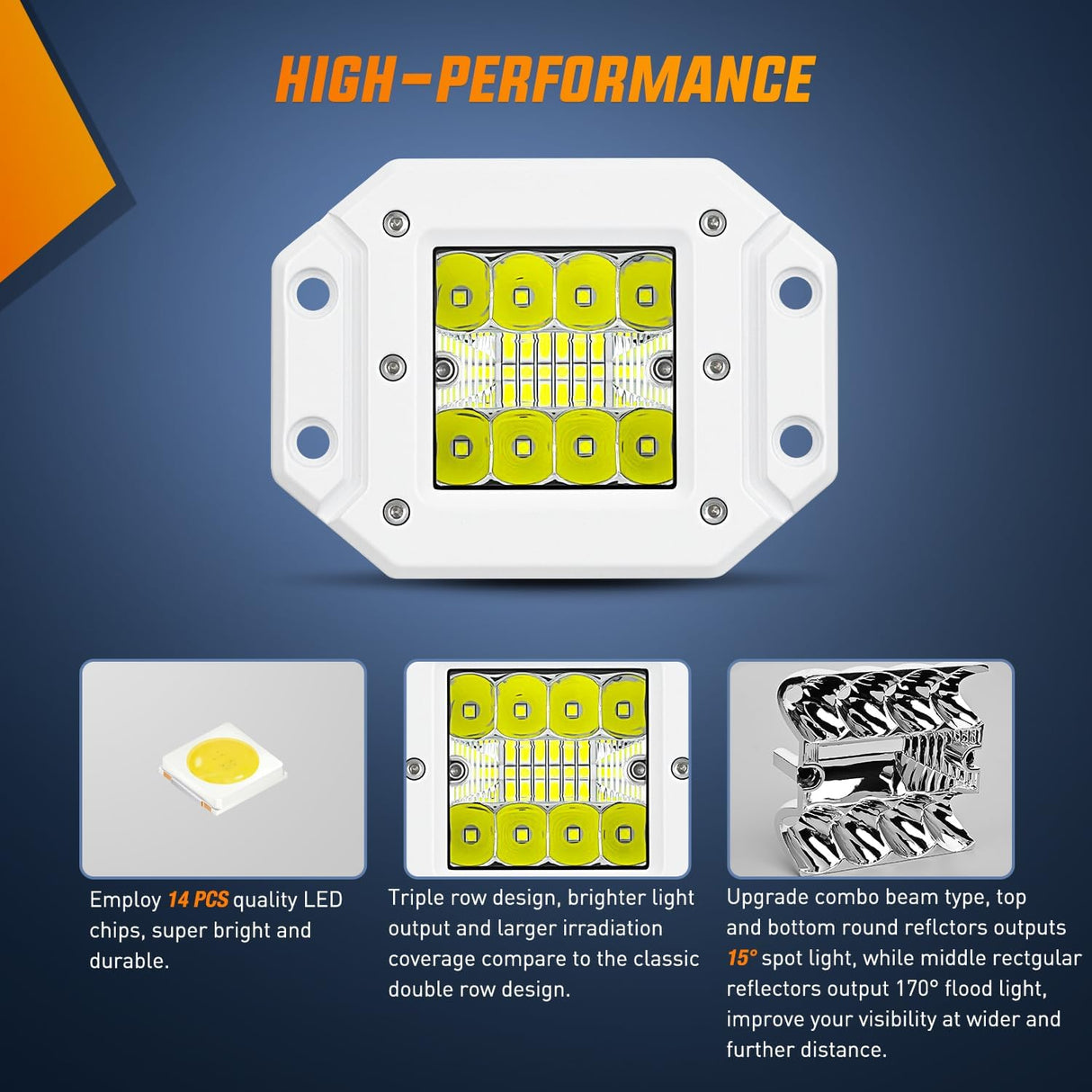 LED Light Pods 2PCS 42W Flush Mount Spot Flood Combo Backup Reverse Driving Bumper Lights Ponton Boat Deck Dock Lighting for Offroad Pickup Trucks SUV Van Tractors T-top Stern Saltwater Boats