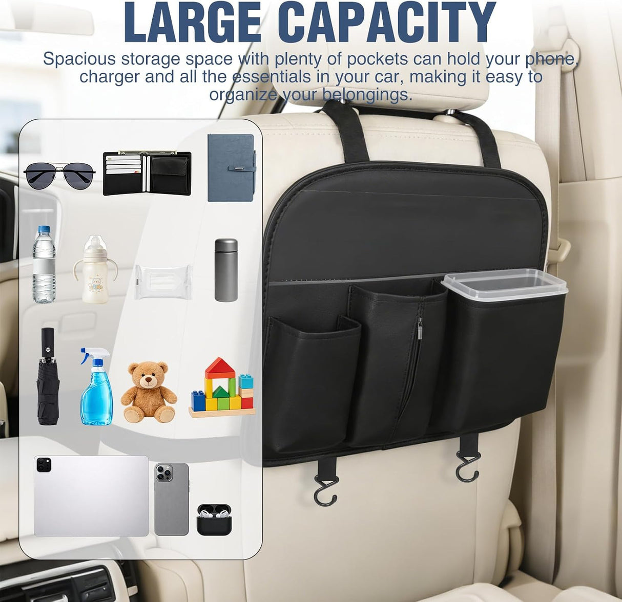 Car Seat Back Organizer 1PC Black PU Leather Universal | Removable Inner Bucket Tissue Box Mesh Pockets Waterproof Hanging Storage Bag for Cars Vans SUVs MPVs Pickup Trucks