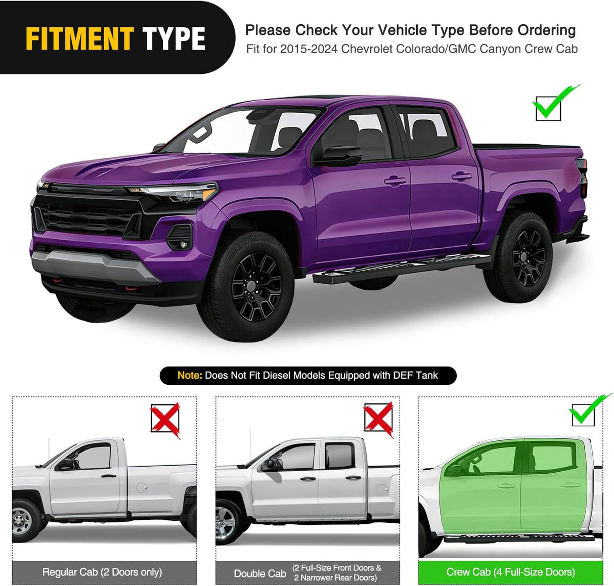 Running Boards for 2015-2025 Chevrolet Colorado/GMC Canyon Crew Cab 6 Inch Side Step Nerf Bars Black
