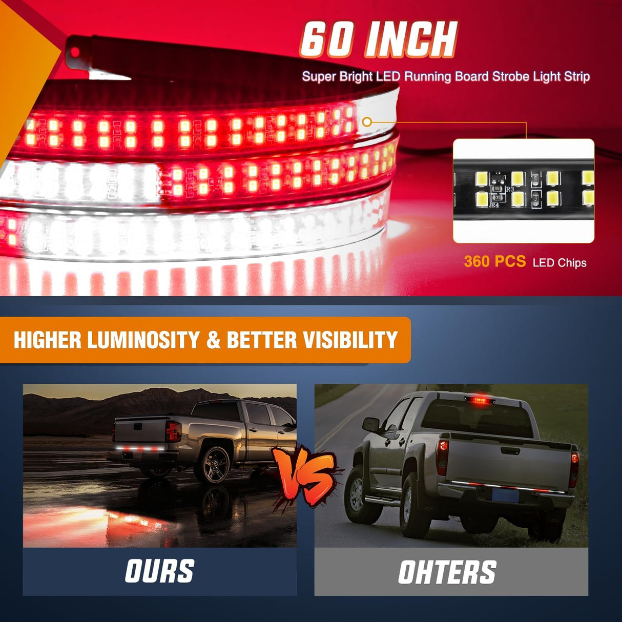 60 Inch Truck Tailgate Strobe Light Strip Tail Emergency Bar Rear Window Warning Lamp Ultra-Bright Double Row 360 LED for Pickup Trailers Construction Vehicles Car SUV, Red White
