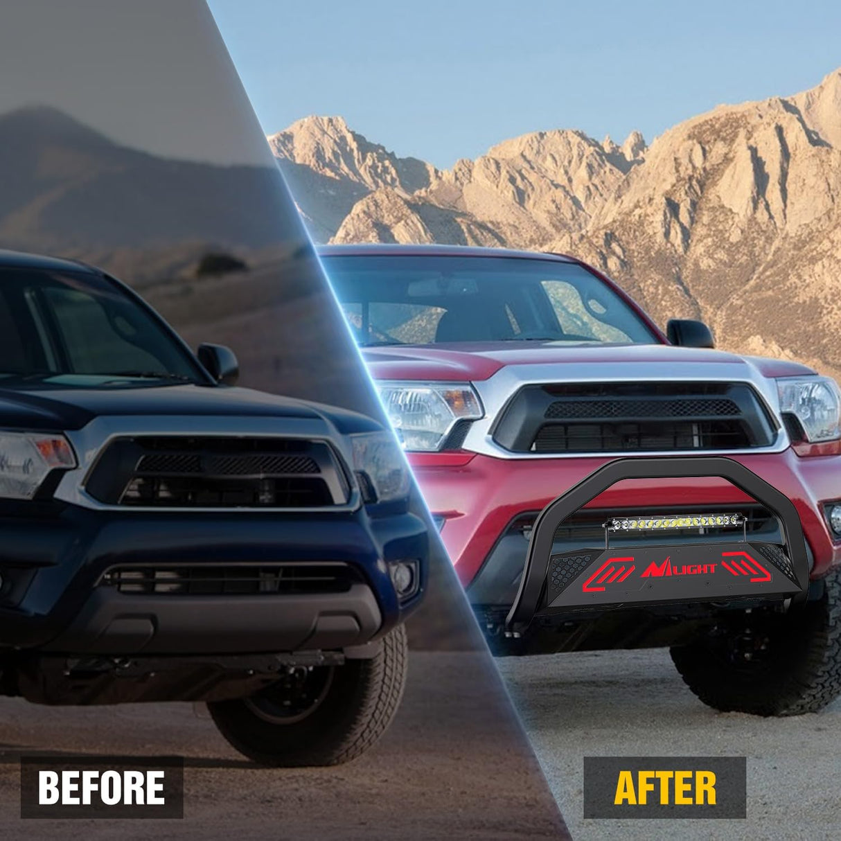 Bull Bar with Light Bar&License Plate Hole Compatible with Toyota Tacoma 2005-2015 Truck Brush Guard, Front Bumper Push Bar w/Grille Skid Plate Light Mount