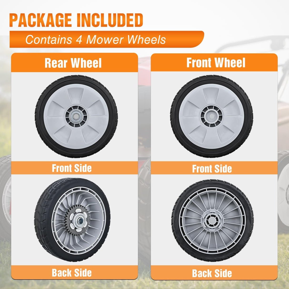 Lawn Mower Wheels Replacement 8 Inch, 2 Rear 42710-VE2-M02ZE and 2 Front 44710-VL0-L02ZA, Honda Lawnmower Wheels fits HRB215 HRB216 HRB217 and More for Self-Propelled Walk-Behind, 4-Pack