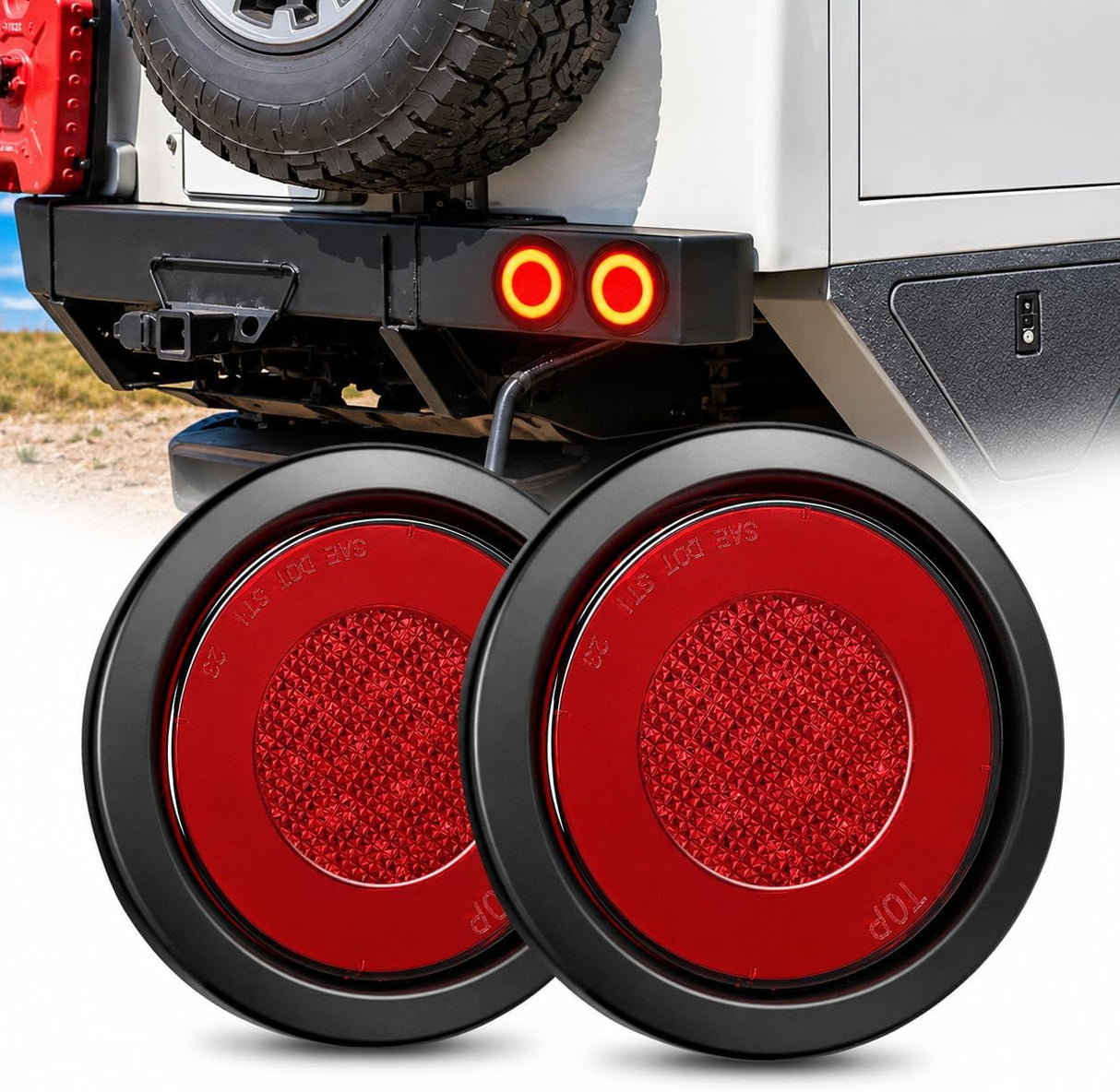 Trailer Tail Lights 2PCS 4Inch Round 32LED Red Halo Ring | Grommet Mount IP67 Waterproof Marker Clearance Stop Brake Turn Running Taillights for Trailer Truck Pickup Camper RV
