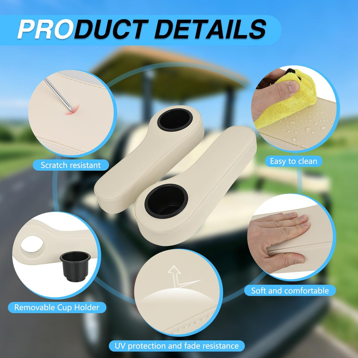 Golf Cart Armrests 2PCS Beige Flip Stand Cup Holder | No Drilling Detachable PU Leather Armrest with Iron Bracket Fits 1 Inch Square Tubes for EZGO Club Car Yamaha Rear Seat