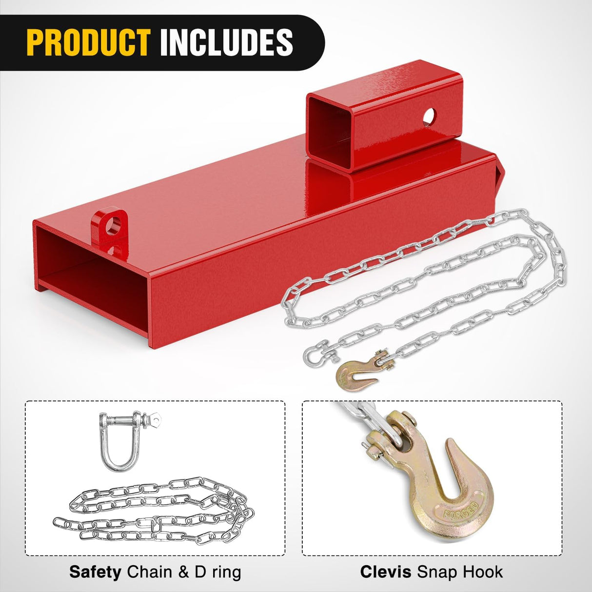 Forklift Trailer Hitch Attachment Fits 2 Inch Receiver Clamp on Pallet Fork Trailer Towing Adapter with Safety Chain & Hook Red