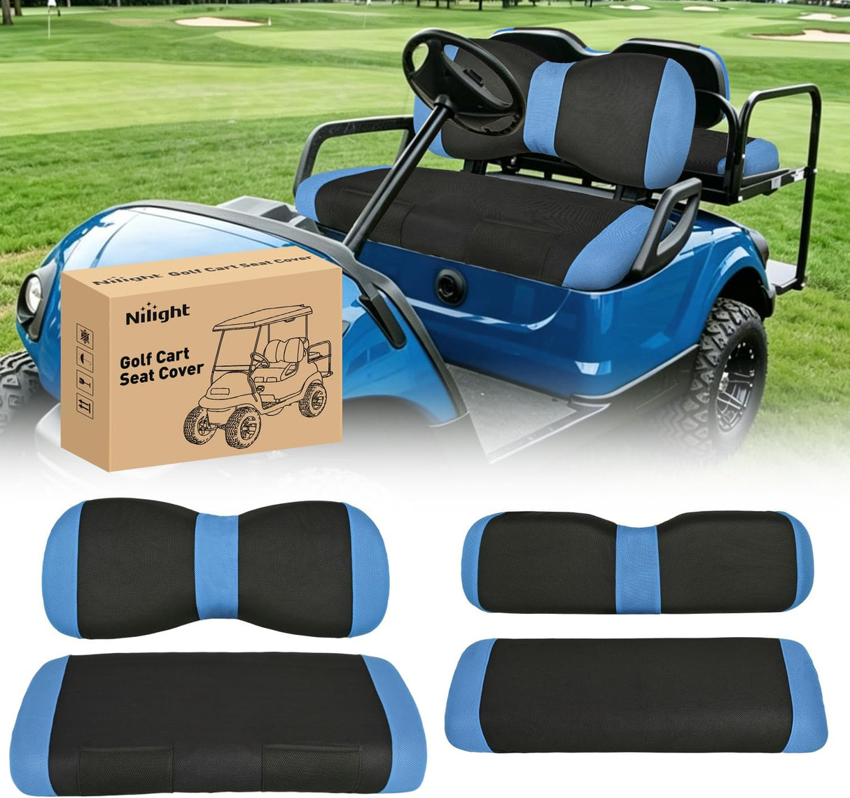 Golf Cart Seat Covers 2PCS Blue Black Yamaha Club Car Precedent | Breathable Sun Scratch Resistant Washable No Staple Fits 2007-2016 Yamaha G29 2017-2026 Drive2 2004-2019 Club Car Precedent