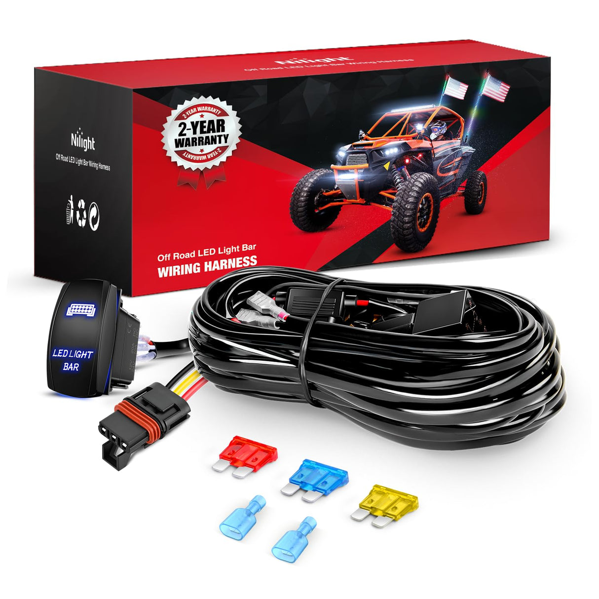 14AWG LED Light Bar Wiring Harness Kit with Pulse Power Plug | Connector 12V On Off 5Pin Rocker Switch Relay Fuse for Polaris RZR General Ranger Pulse Bus bar - 1 Lead Blue