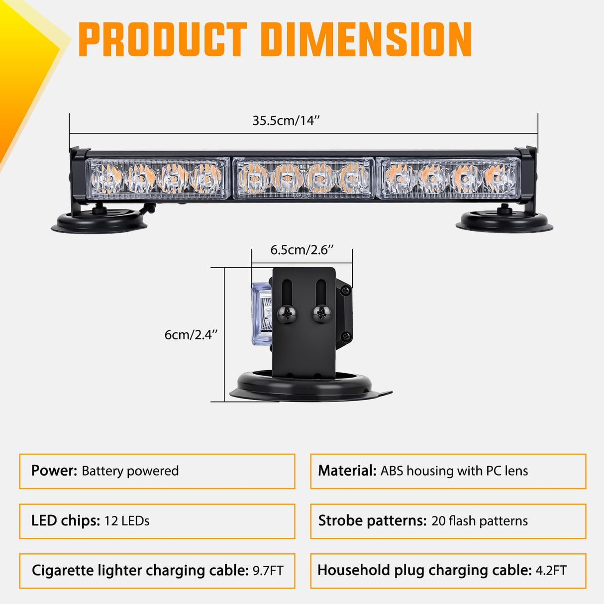 12LED Wireless Blue Strobe Light 14 Inch Magnetic Mount 12V | Rooftop Rechargeable Portable Mini Light Bar Hazard Flash for Car Truck Trailer Snow Plow Construction 20 Flashing Modes