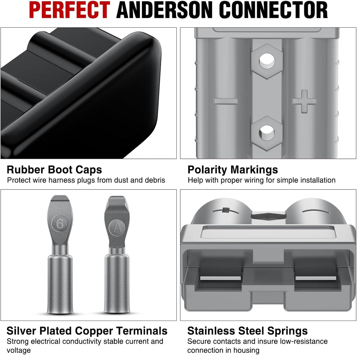 Anderson Connector 50AMP 6AWG Anderson Plug 12V-36V Battery Quick Connect/Disconnect Wire Harness Plugs Connectors Kit for 6 Gauge Cables Car Marine ATV Trailer Towing Winch Motor, 4 Pack Grey