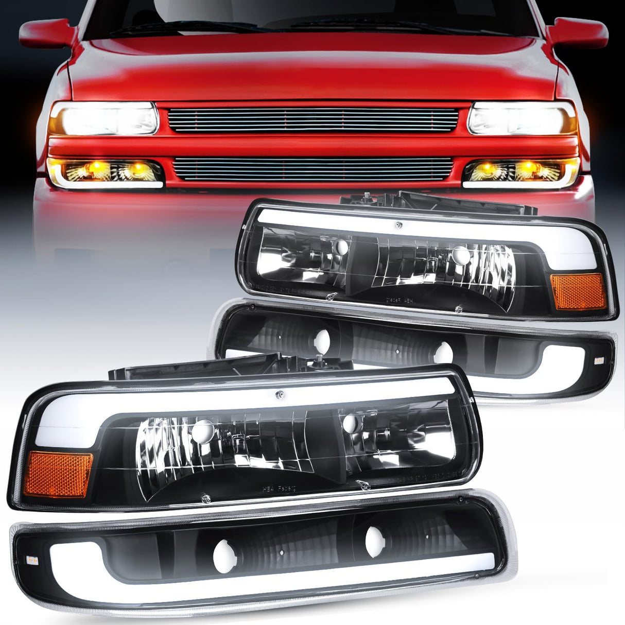 LED DRL Headlight Assembly for 1999 2000 2001 2002 Chevy Silverado 1500 1500HD 2500 2500HD 3500 Chevrolet Tahoe Suburban Replacement Headlamp Clean Lens Black Housing Amber Bumper Lights Set