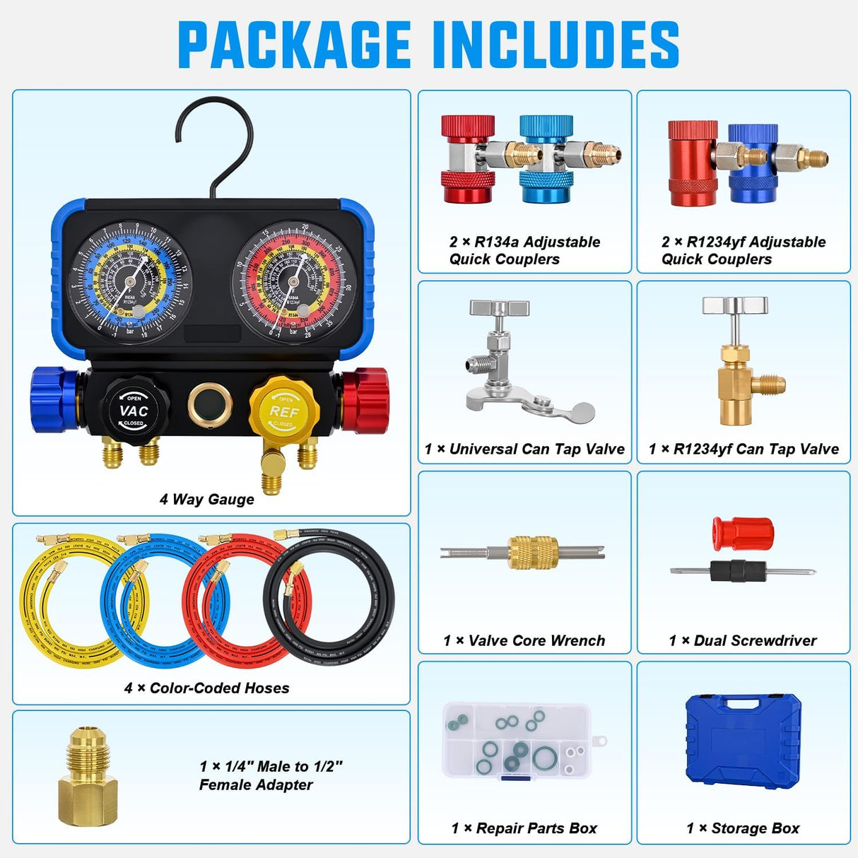 A/C Manifold Gauge Set Fits for R1234yf R134a R404A 4-Way Auto HVAC Diagnostic Gauges Refrigerant Recharge kit with Adjustable Couplers 5FT Hoses R1234yf Universal Can Tap