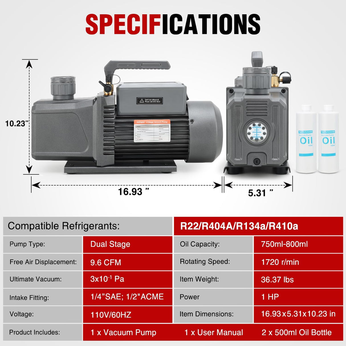 HVAC Vacuum Pump, 9.6 CFM 1 HP 110V 2 Stage AC Vacuum Pumps Kit for R22 R404a R134a R410a, 3x10⁻¹ Pa Ultimate Vacuum for Auto Air Conditioning Servicing Refrigerant Recharging, Oil Included