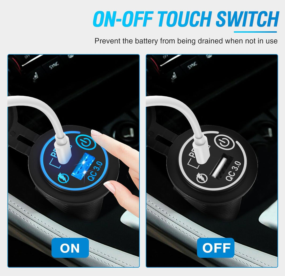 2 Pack PD Type C and QC 3.0 USB Fast Outlet Panel with LED ON Off Touch Switch Fused Wire Kit for 12V 24V Cars Trucks RVs Motorcycles Buses Boats