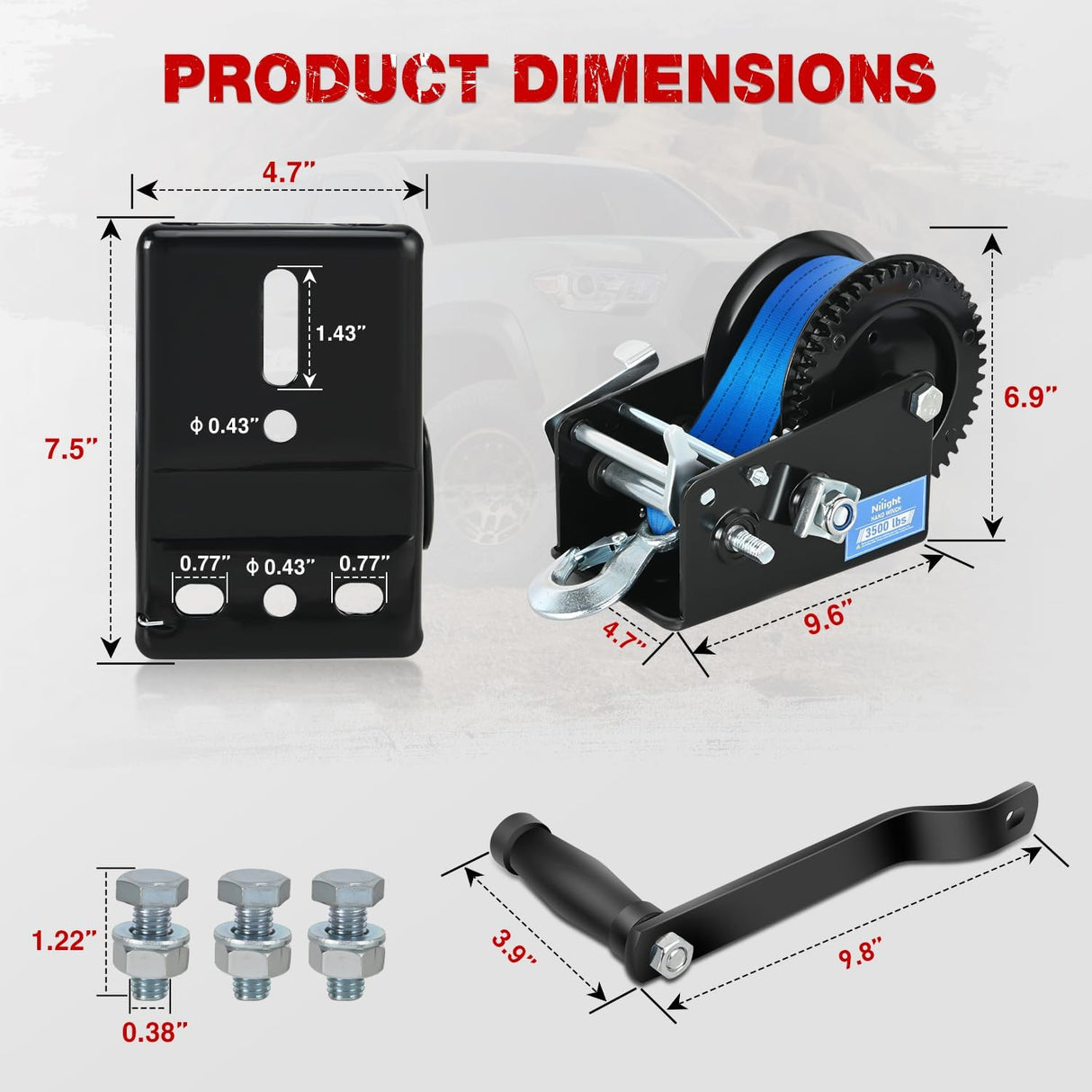 Boat Trailer Winch 3500 LBS Hand Crank Winch Heavy Duty Boat Winches with 33 FT Blue Strap Rope Hook Two Way Ratchet 4:1 8:1 Gear Portable Marine Manual Winch for Trailers Boat RV ATV Towing