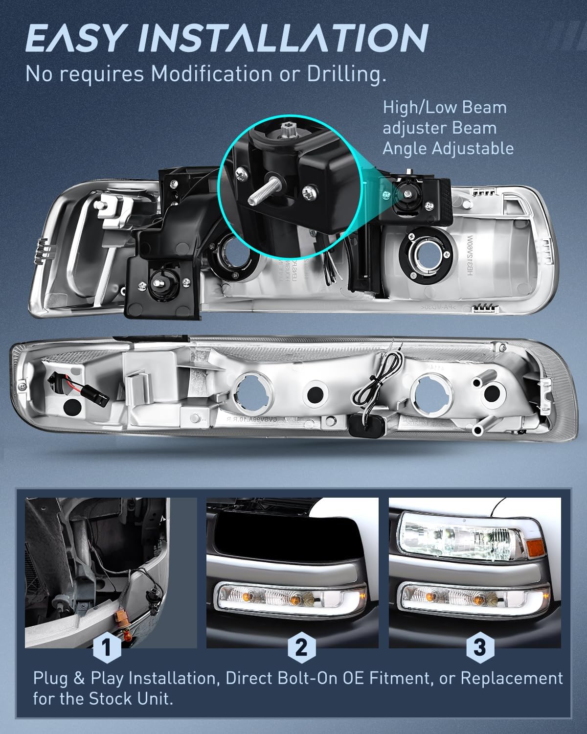 LED DRL Headlight Assembly for 1999 2000 2001 2002 Chevy Silverado 1500 1500HD 2500 2500HD 3500 Chevrolet Tahoe Suburban Replacement Headlamp Clean Lens Chrome Housing Amber Bumper Lights Set