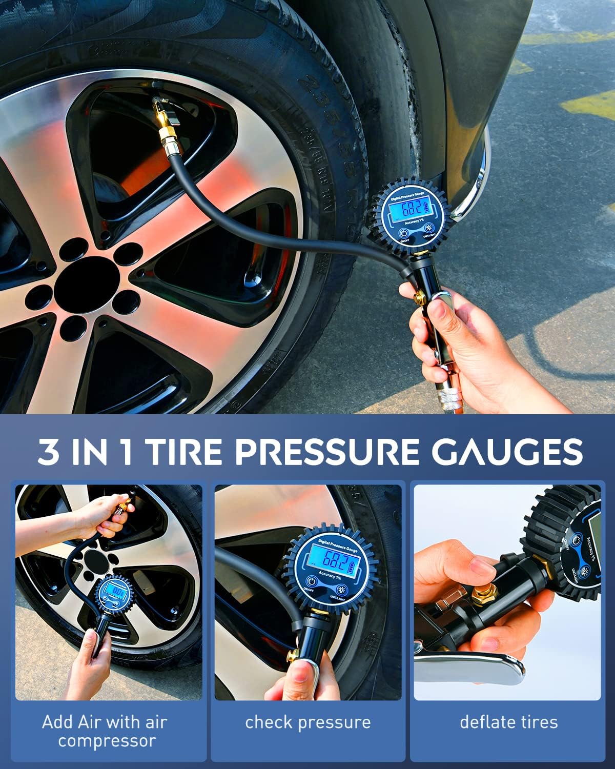 Tire Inflator with Digital Pressure Gauge 250PSI Heavy Duty | Air Chuck Compressor Attachments with Rubber Hose & Quick Connect Coupler 0.1 Display Resolution for Car Truck SUV RV