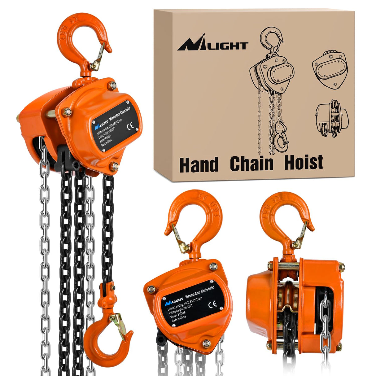 1/2 Ton 1100 lbs Manual Chain Hoist 80 Galvanized Chain 10 ft Lifting Height Industrial Grade Steel Structures for Garages Warehouse Automotive Machinery