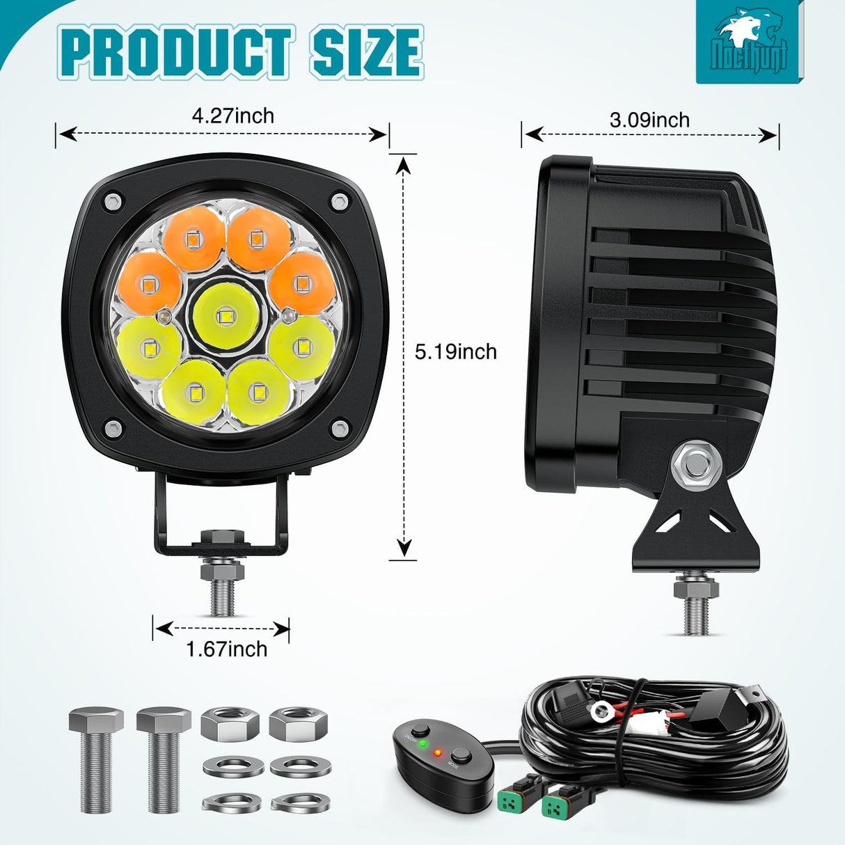 Led Offroad Lights 2PCS 4Inch 9LED Spot Amber White Strobe 6 Modes | Round Driving Light Memory Function with 16AWG Wiring Harness Kit for Truck Pickup SUV ATV UTV Motorcycle 4x4 Car