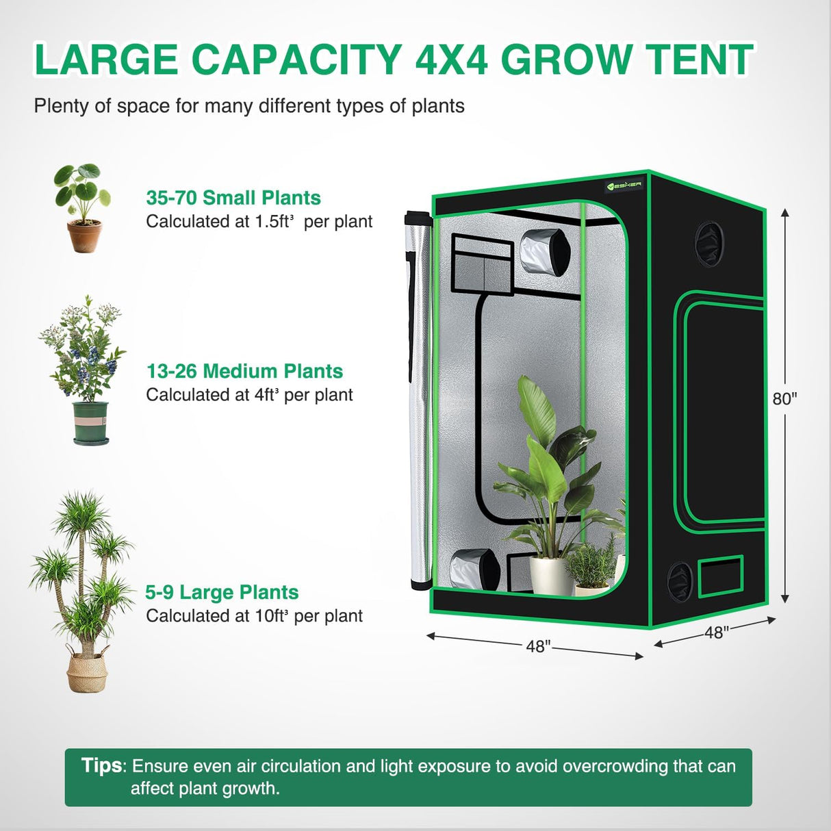 4x4 Grow Tent 48 Inchx48 Inchx80 Inch High Reflective Mylar Indoor Growing Tents 600D Oxford Cloth with Observation Window and Removable Floor Tray for Hydroponics Indoor Plants Fruit Flower Veg Growing