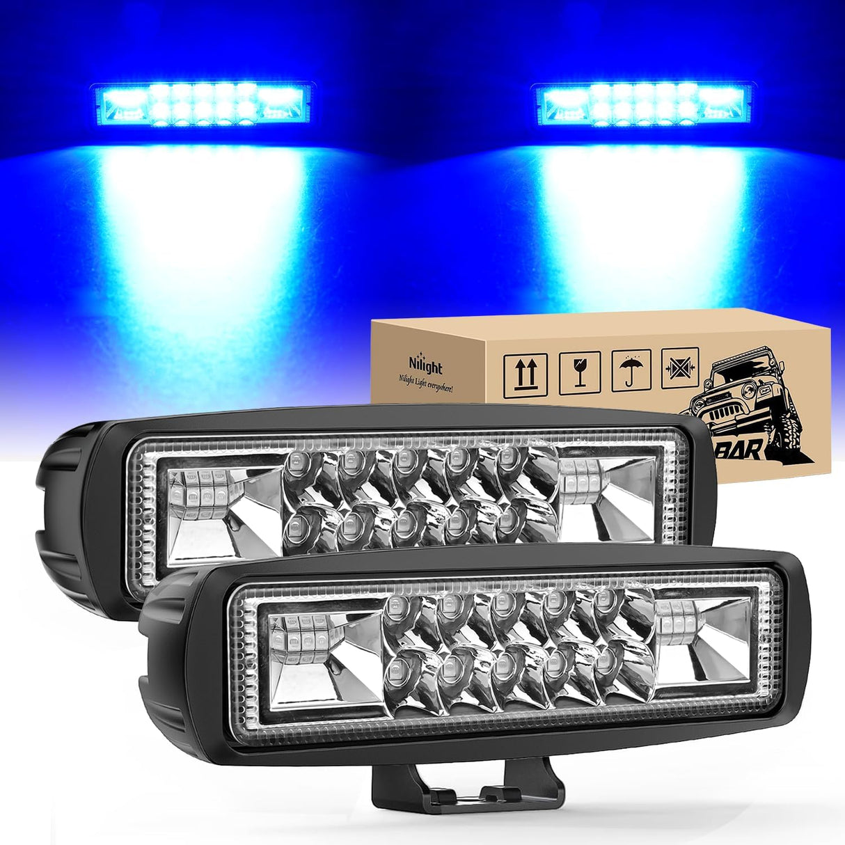 6 Inch Blue LED Light Pods 2 PCS 60W Flood Spot Combo Beam Off Road Driving Fog Fishing Hunting Emergency Safety Signal Deck Trailer Lighting for 12V 24V ATV UTV Pickup Truck Tractor Boat