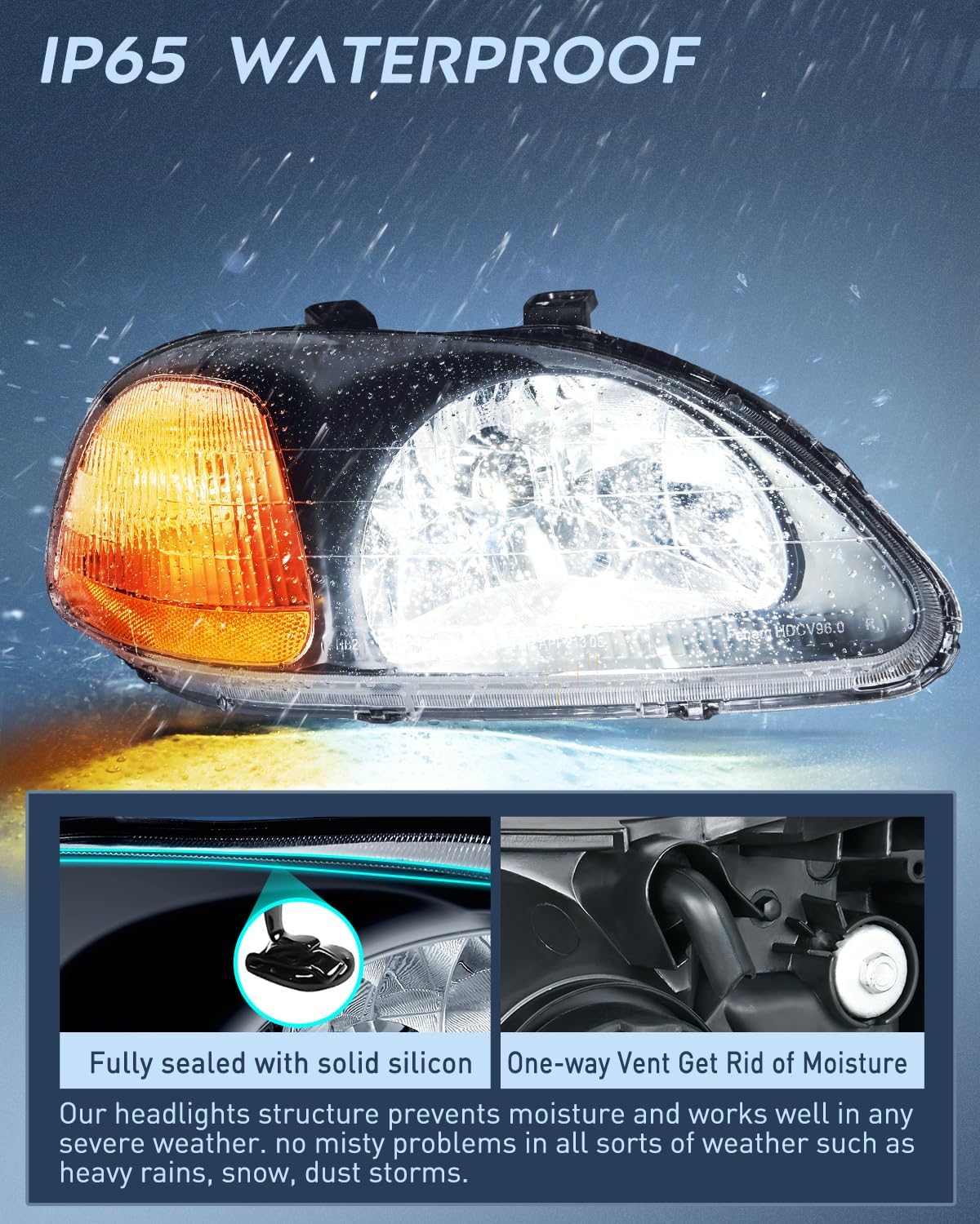 1996-1998 Honda Civic Headlight Assembly Black Case Amber Reflector Upgraded Clear Lens Nilight