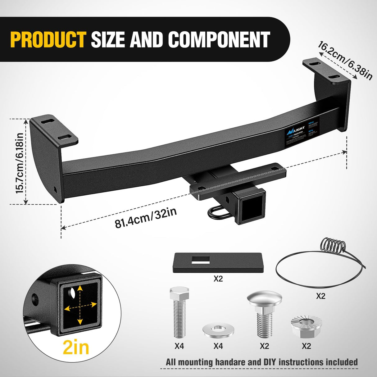 Class 3 Trailer Hitch 2 Inch Receiver Tow Hitch Compatible with Toyota Tacoma 2016 2017 2018 2019 2020 2021 2022 2023 Black Powder Coated