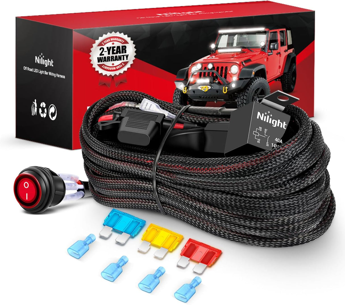 Wiring Harness Kit Nylon 14 AWG 2 Leads 12 V On Off Switch Power Relay Blade Fuse for LED Light Bar Off Road Lights on Cars Jeep Boat Trucks