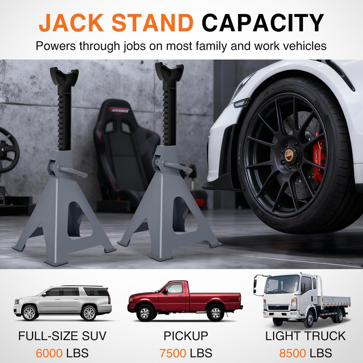 Jack Stands, 6 Ton (12,000 lbs) Capacity Heavy Duty Steel Car Lifting Stand, Adjustable Height 15.35 Inch to 23.22 Inch, 1 Pair