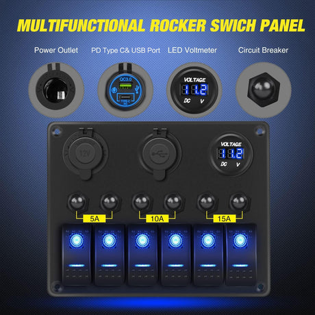 6Gang ON/Off Blue Rocker Switch Panel w/ PD Type C & Dual USB Cigarette Lighter Socket Voltmeter Nilight