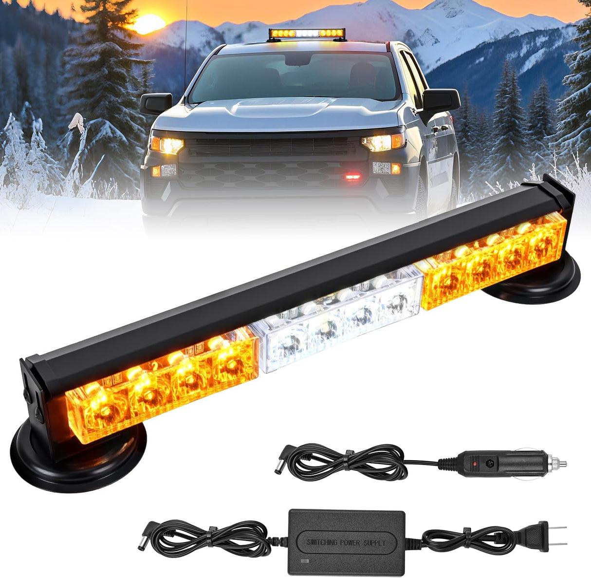 12LED Wireless Emergency Strobe Light Amber White 14 Inch Magnetic Mount Mini Light Bar 12V Rooftop Powered Hazard Warning Flashing Lights for Car Truck Trailer Snow Plow Construction Vehicles