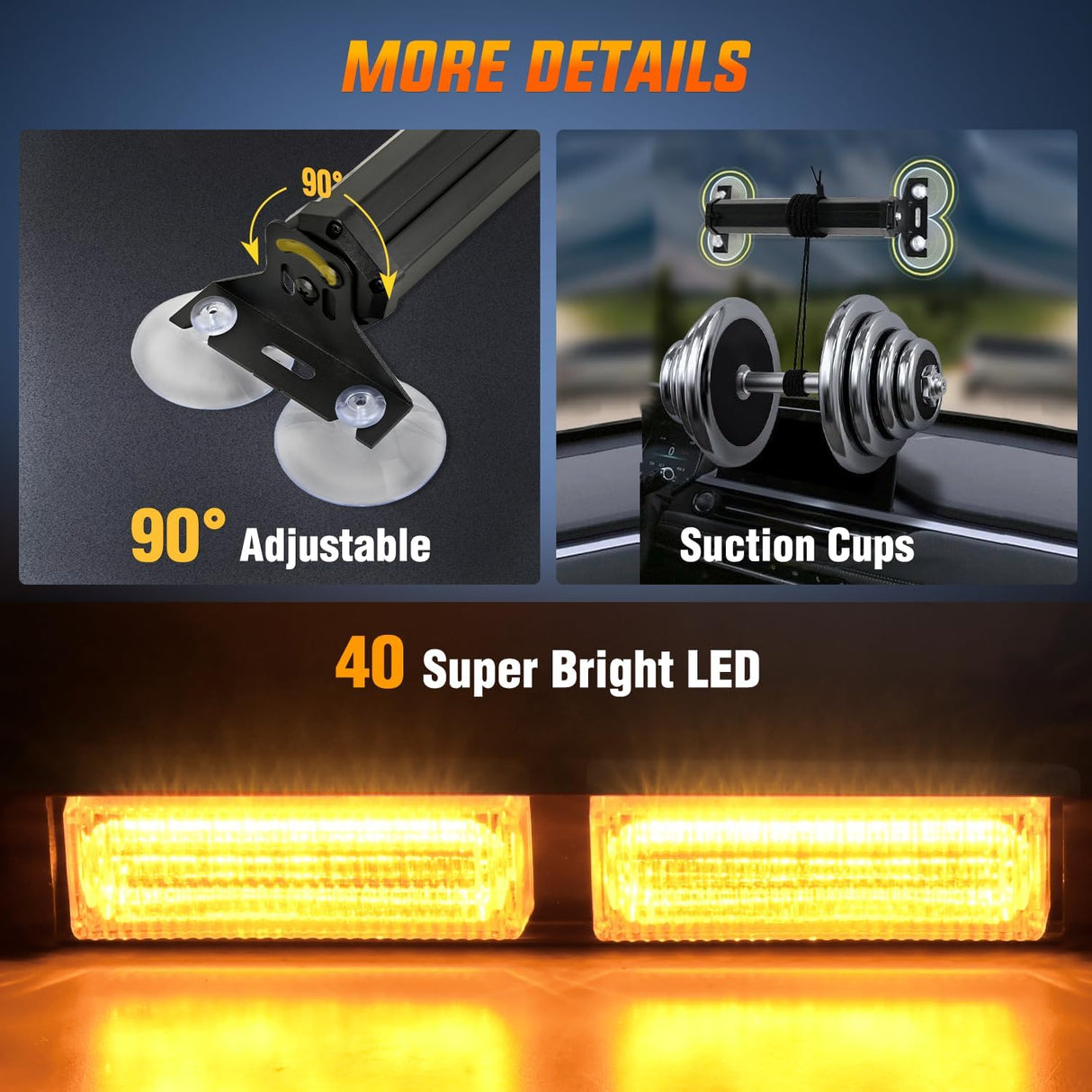 40LED Amber Emergency Strobe Traffic Advisor Light Bar with Suction Cups Dash Safety Warning Hazard Flashing Lights Interior Front/Rear Windshield for Trucks Construction Vehicles