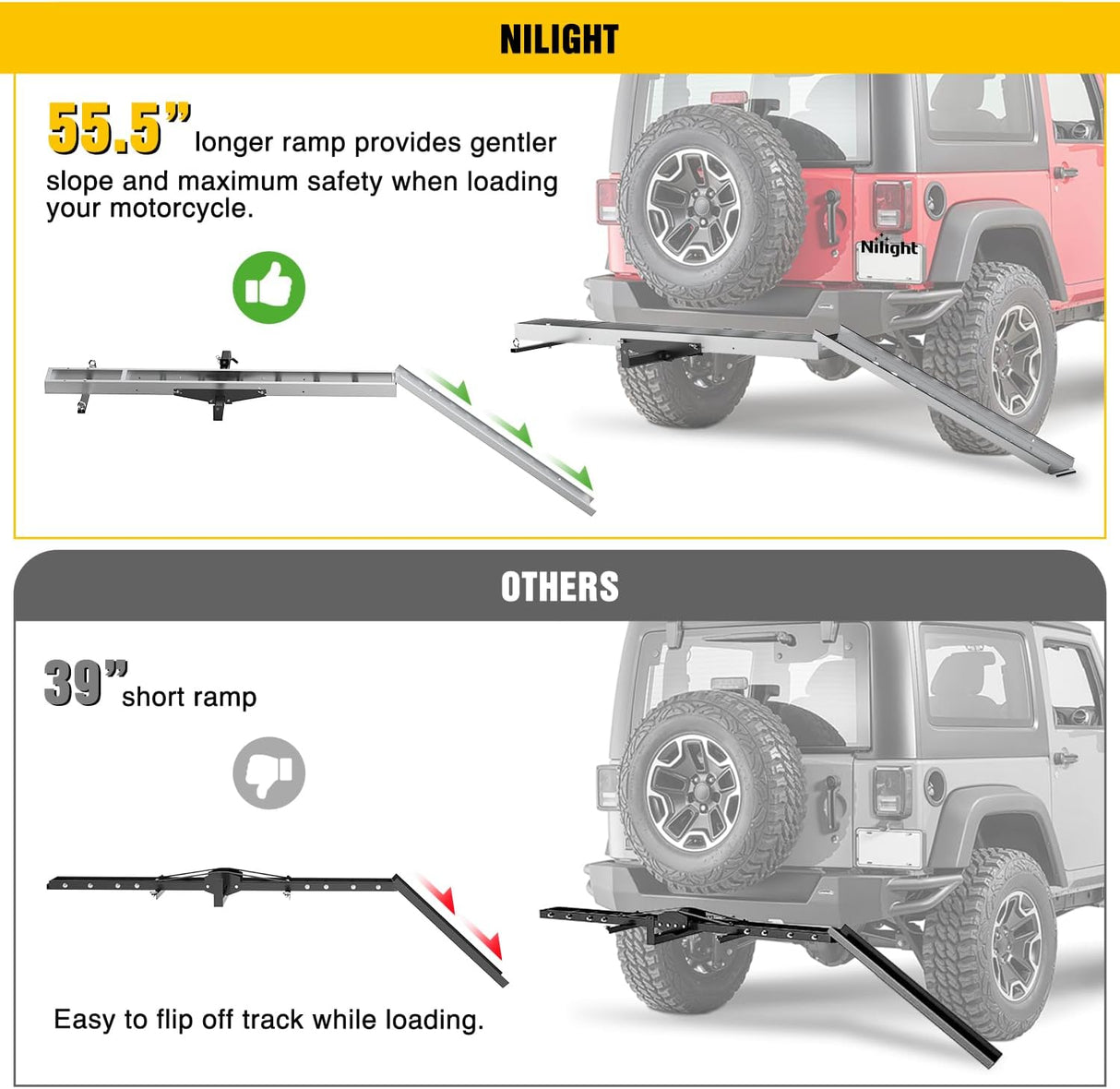 Motorcycle Hitch Carrier 400LBS, Lightweight Robust Aluminum Dirt Bike Hitch Hauler with 55.11 Inch Longer Ramp, Pin Lock, Tie-Down Strap and Tightener, 2 Inch Receiver, 5 Inch Wide Tire