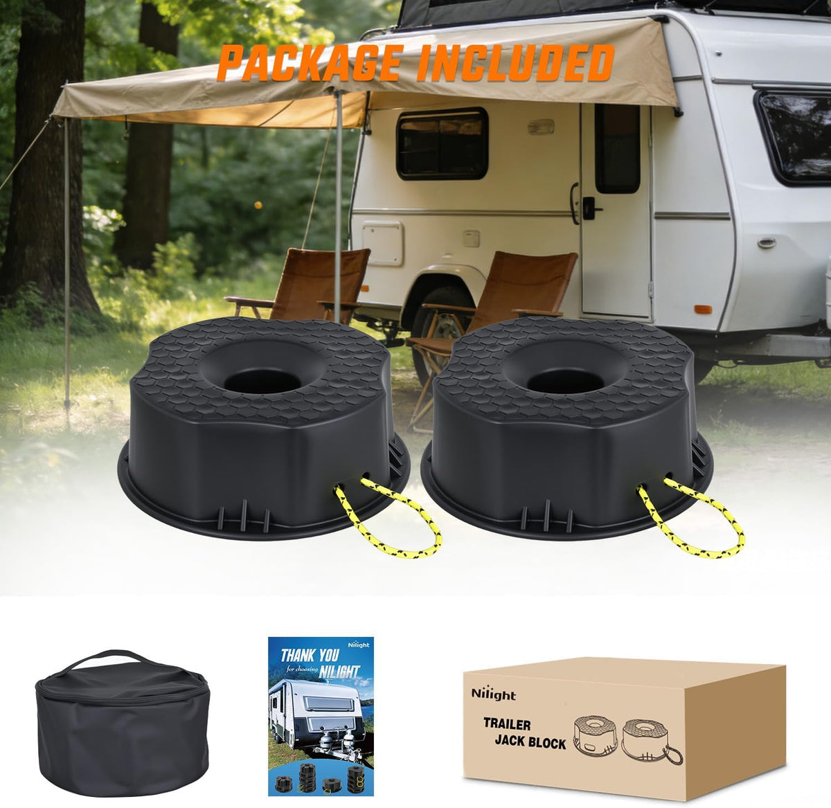 Trailer Jack Block RV Camper Stabilizer Leveling Blocks 10000lb 2PC | Heavy Duty RV Leveling Block for Travel Trailer with Bag, Universal Fit for Tongue Jack Post Foot 5th Wheels, Black