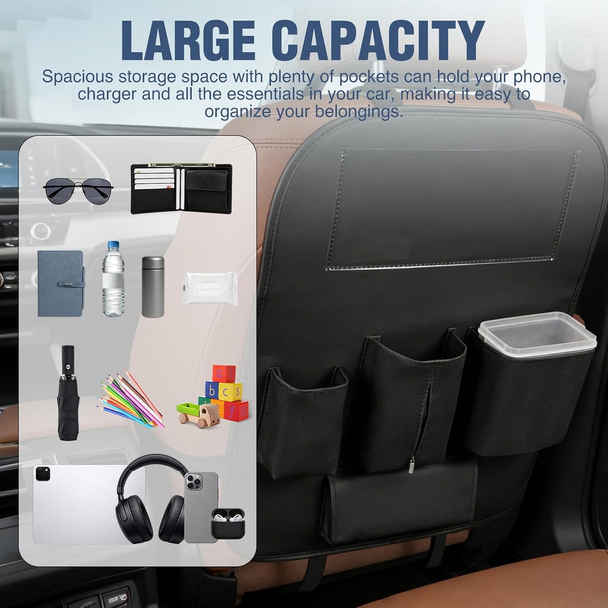 Car Seat Back Organizer 2PCS Black PU Leather Universal | Cup Holder Tissue Box Removable Bucket Waterproof Multifunctional Storage Bag for Cars Vans SUVs MPVs Pickup Trucks