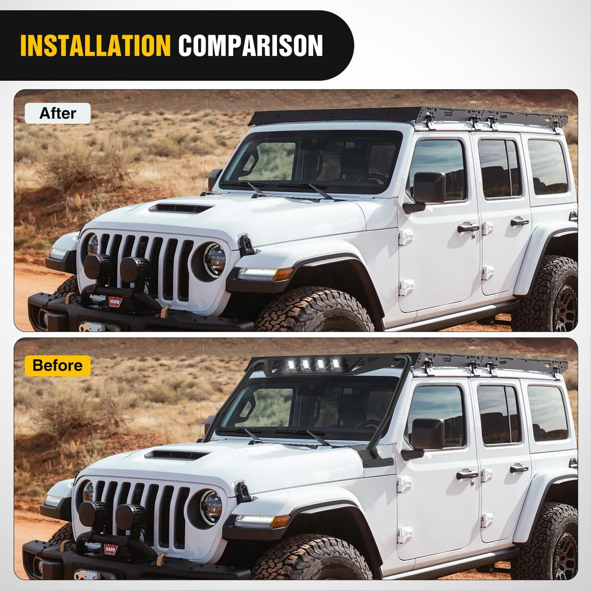 Windshield Frame Cover with 4 x LED Lights Insert Roof Sun Visor Cowl Body Armor Compatible with 2018-2026 Jeep Wrangler JL JLU & Gladiator JT (Excluding JL 4xe & JT Mojave)