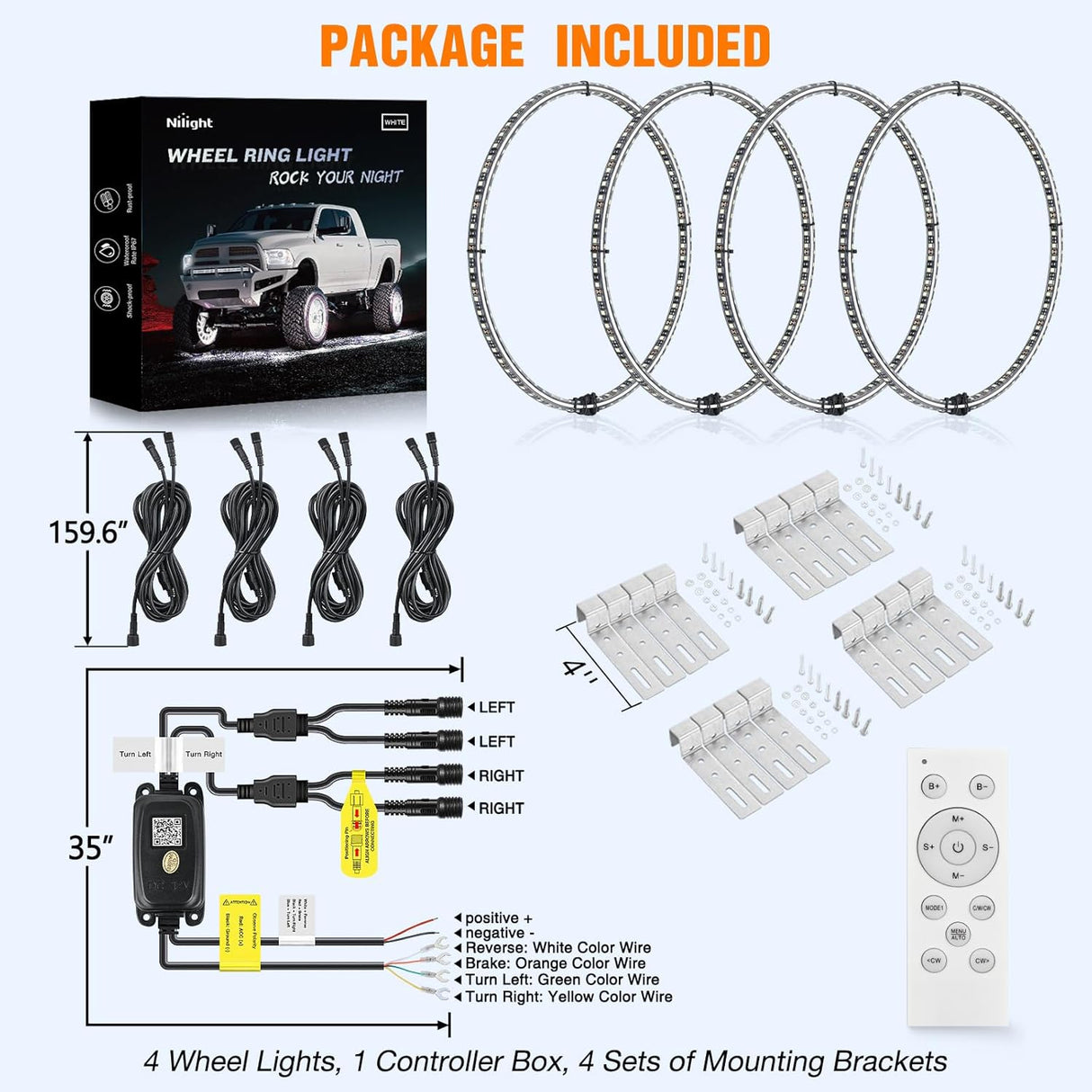 4PCS 15.5inch Double Row LED Wheel Ring Lights Pure White with Remote Control w/Turn Signal Braking and Reverse Function Dual Row for Car Van SUV Truck