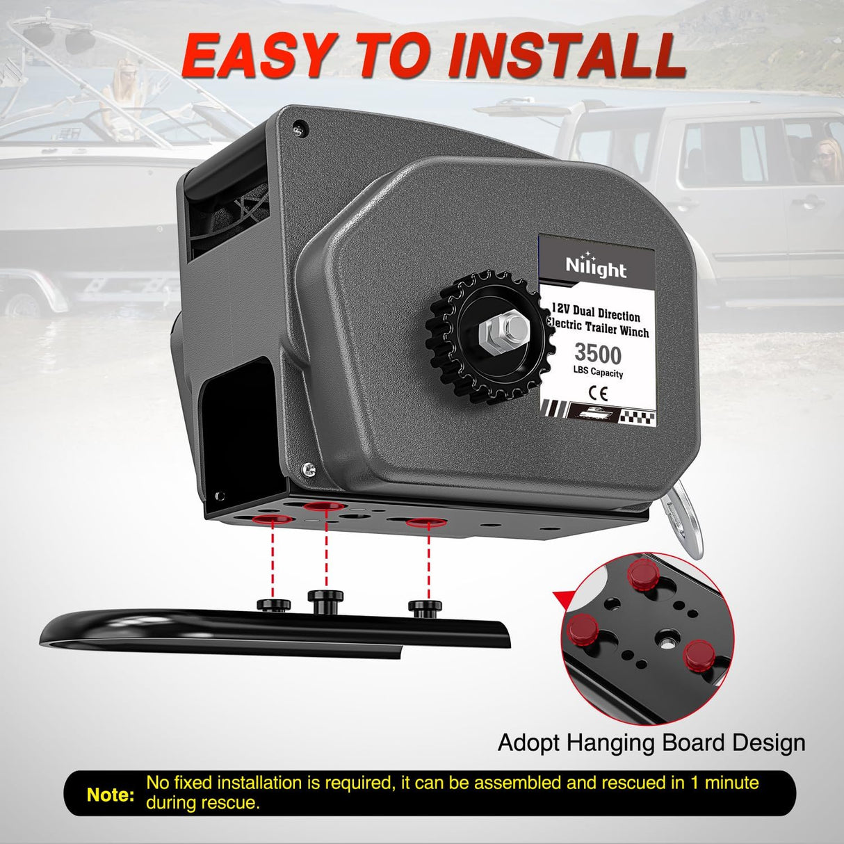 Boat Trailer Winch 3500 lbs Portable Electric Boat Winches 12 V DC Marine Winch with Synthetic Rope Remote Control Hand Crank Power-in Freewheel Waterproof Winch for Boat Trailer Towing, Gray