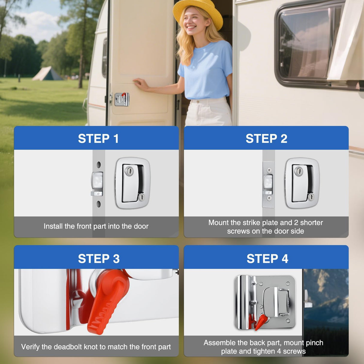 RV Door Lock Replacement with Paddle Deadbolt 100% Zinc Alloy Entry Locks Handle Latch 4 Keys Heavy Duty Enclosed Camping Locking Kit Fits RVs Campers Travel Trailers Horse Cargo Haulers