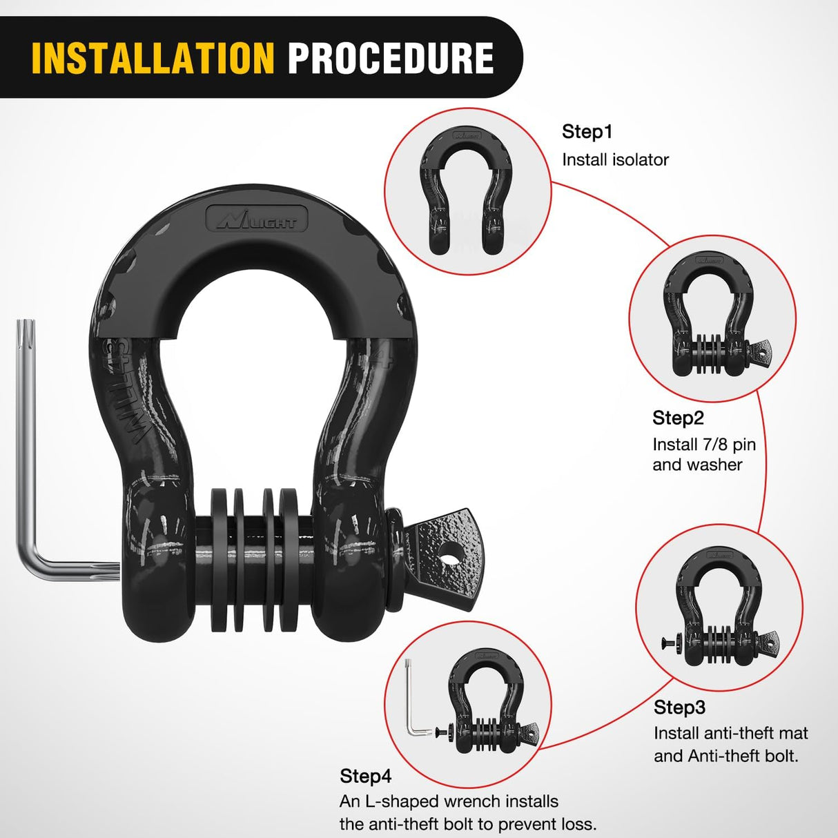 3/4 Inch D Ring Anti-Theft Shackle Tow Hook Jeep Truck SUV ATV UTV | Off Road Recovery Gear 19T 41,887 lbs Break Strength 4.75T WLL Rust-Resistant Anti-Rattle Isolators Heavy Duty Black 2pack