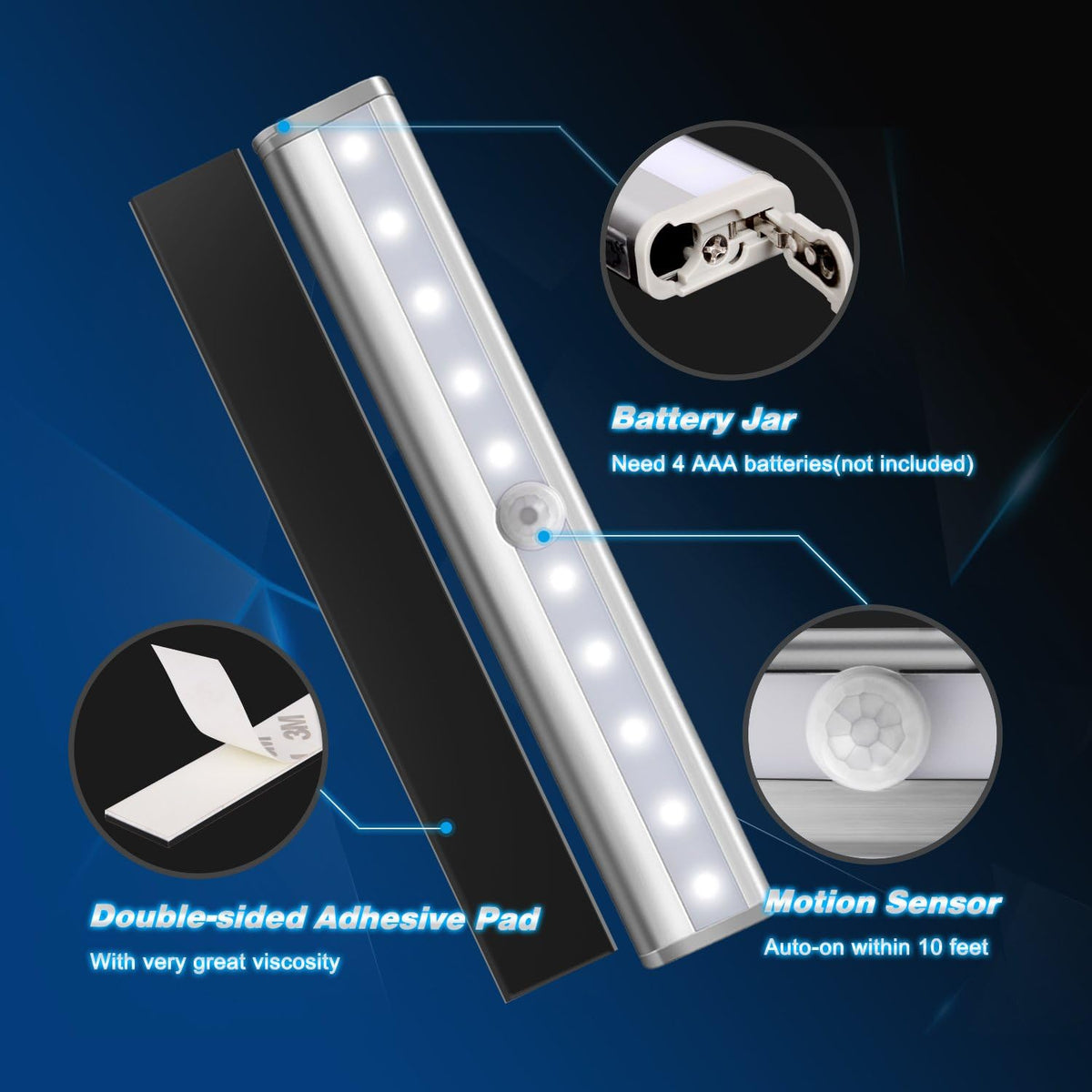 Motion Sensor Closet Lights 3PCS Cabinet Light DIY Stick-on Anywhere Portable 10LED Wireless Cabinet Night/Stairs Light Bar Safe Lights with Magnetic Strip-Cool White, 2 Years Warranty