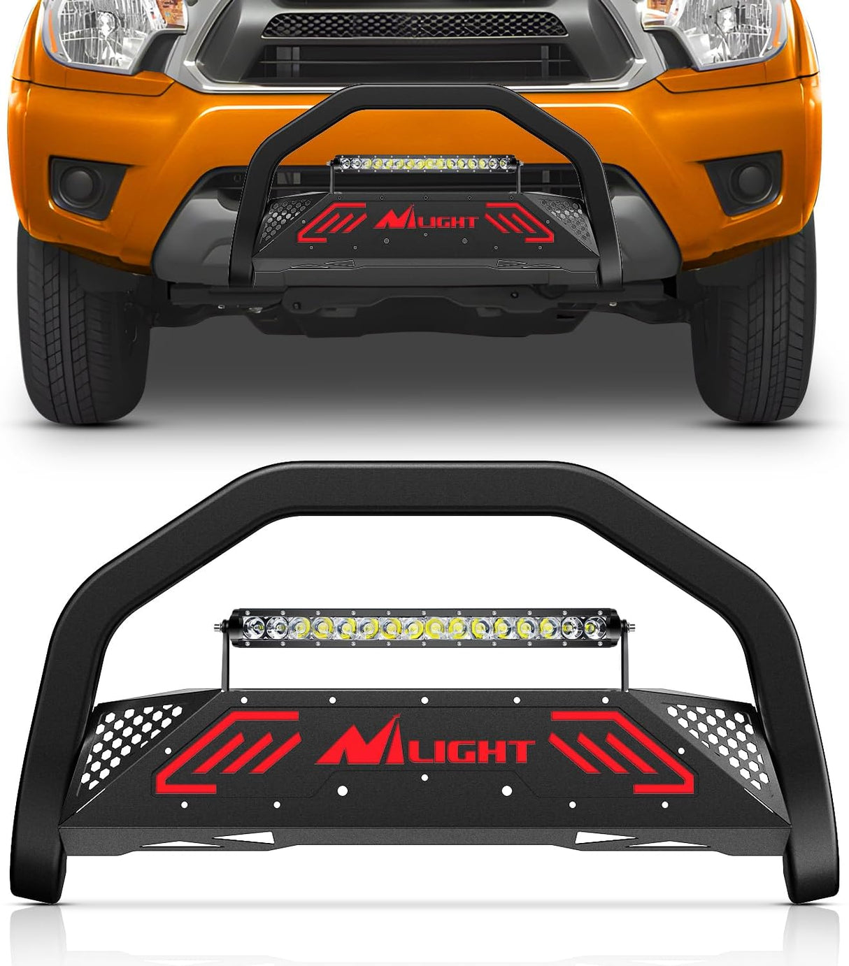 Bull Bar with Light Bar&License Plate Hole Compatible with Toyota Tacoma 2005-2015 Truck Brush Guard, Front Bumper Push Bar w/Grille Skid Plate Light Mount