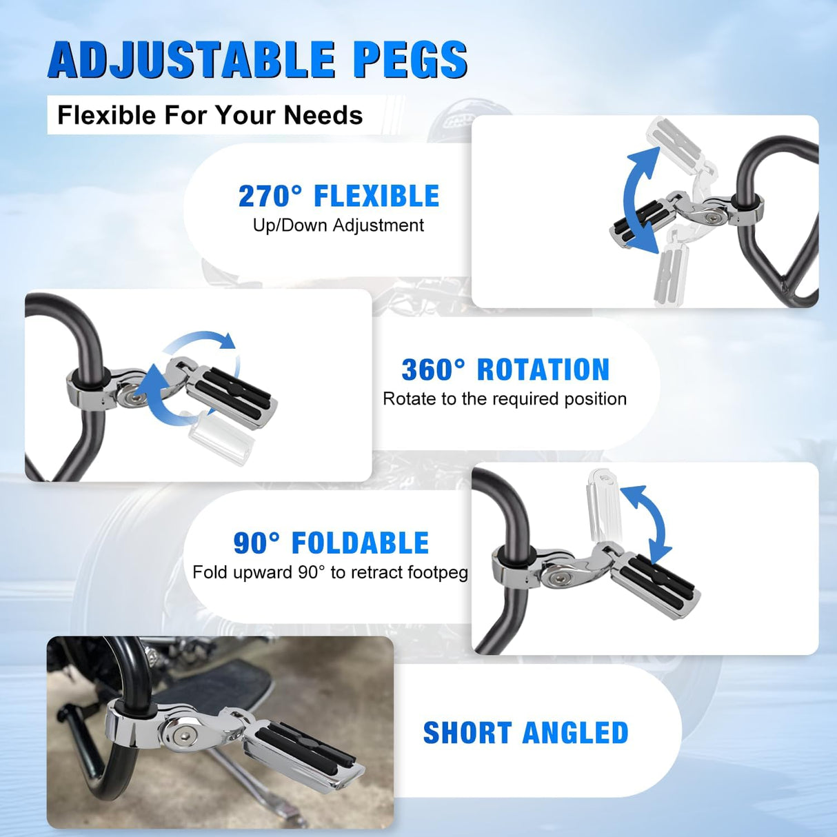 1-1/4 Inch Motorcycle Highway Pegs For Harley Touring Street Glide Electra Glide Road King CVO Dyna Trike Sportster Adjustable Short Angled Foot Pegs Universal For 1.25 Inch Engine Guard Crash Bars