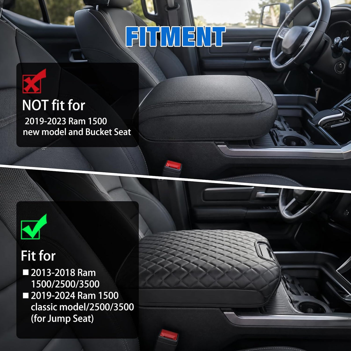 Center Console Cover Fit for Dodge Ram 1500 2013-2018 Ram 2500/3500 | 1500 Classic Model 2019-2024 Jump Seat Accessories Middle Armrest Cover for Car Waterproof Leather Arm Rest Cushion Pad