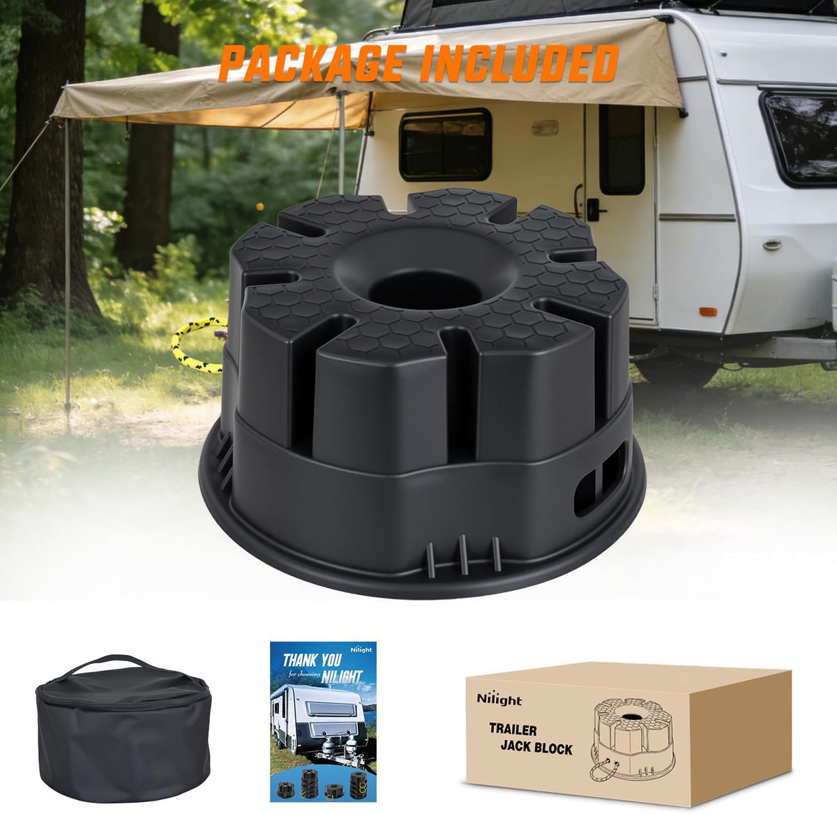Trailer Jack Block, 6 Inch RV Camper Stabilizer Blocks for Travel Trailer with Bag, Heavy Duty RV Leveling Block with 40000lbs Capacity Universal for Tongue Jack Post Foot 5th Wheels Black 1 Pack