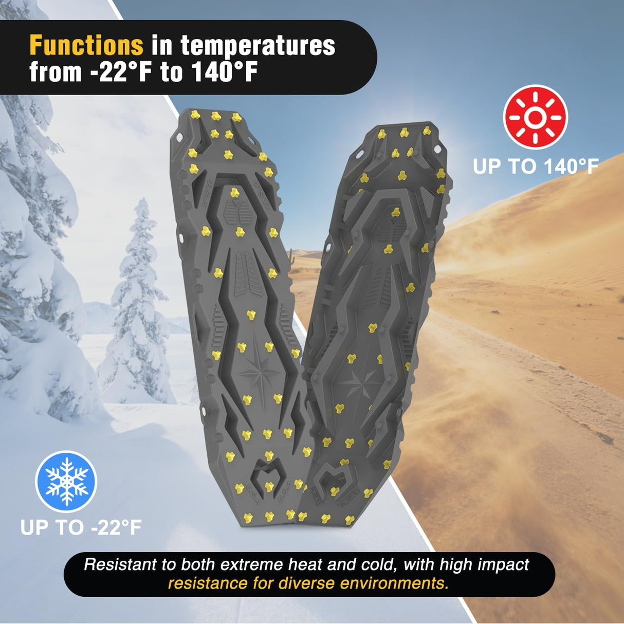 Recovery Off-Road Traction Boards 2Pcs 43 InchL x 13.3 InchW with Yellow Teeth for 4WD 4X4 Mud Sand Snow Includes 2PCS Mounting Kit & Carry Bag (Grey)