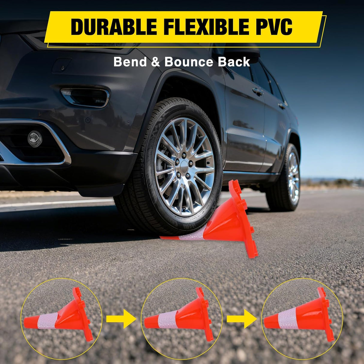 12 inch Traffic Safety Cones, 4 Pack Durable PVC Orange Cones with Reflective Collars for Road Safety, Parking, Construction Work, Sports Training