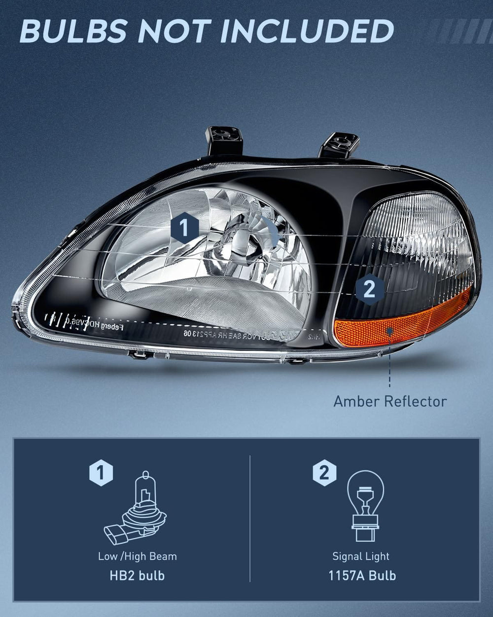 1996-1998 Honda Civic Headlight Assembly Black Case Amber Reflector Upgraded Clear Lens Nilight