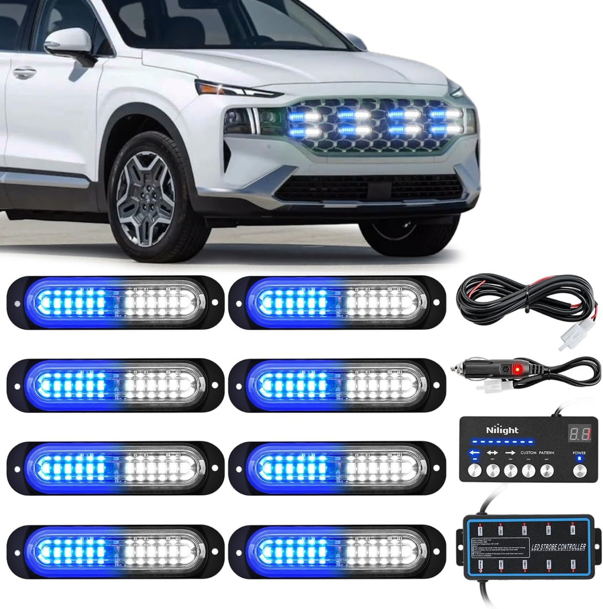 8PCS Led Strobe Lights with Controller 12V 24V Sync Feature Blue White Strobe Light 12 LED Surface Mount Emergency Hazard Warning Lights with Strobe Controller for Vehicle Car Truck RV ATV