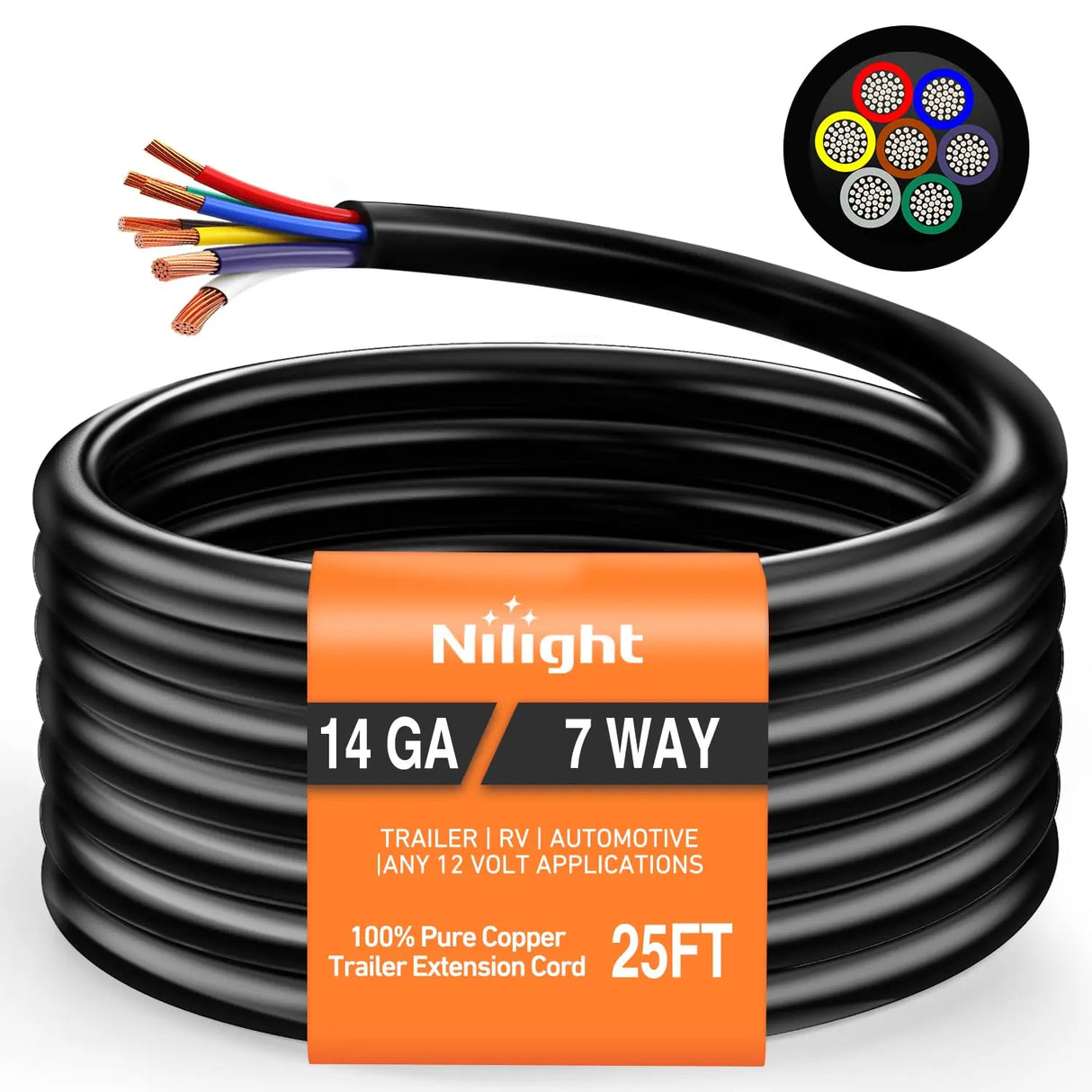 Wiring Harness Kit 25Ft 7Pin Trailer Extension Cable