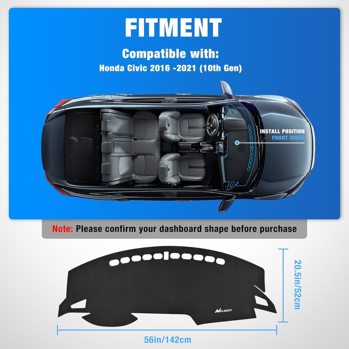 Dash Cover for Honda Civic 2016 2017 2018 2019 2020 2021, Custom Fit Suede Dashboard Mat Non‑Slip Sunshade Glare Protector Interior Accessories Black